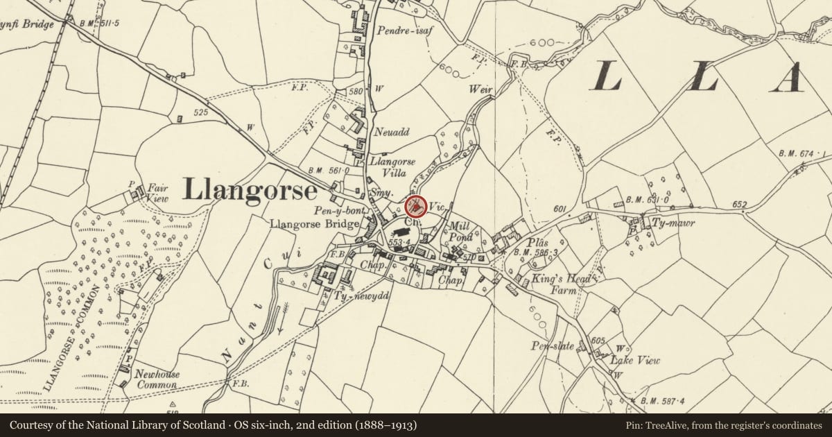 Ordnance Survey six-inch map, 2nd edition (1888–1913) covering the location of The Old Vicarage, Llangors, Powys, with a pin at the register's coordinates