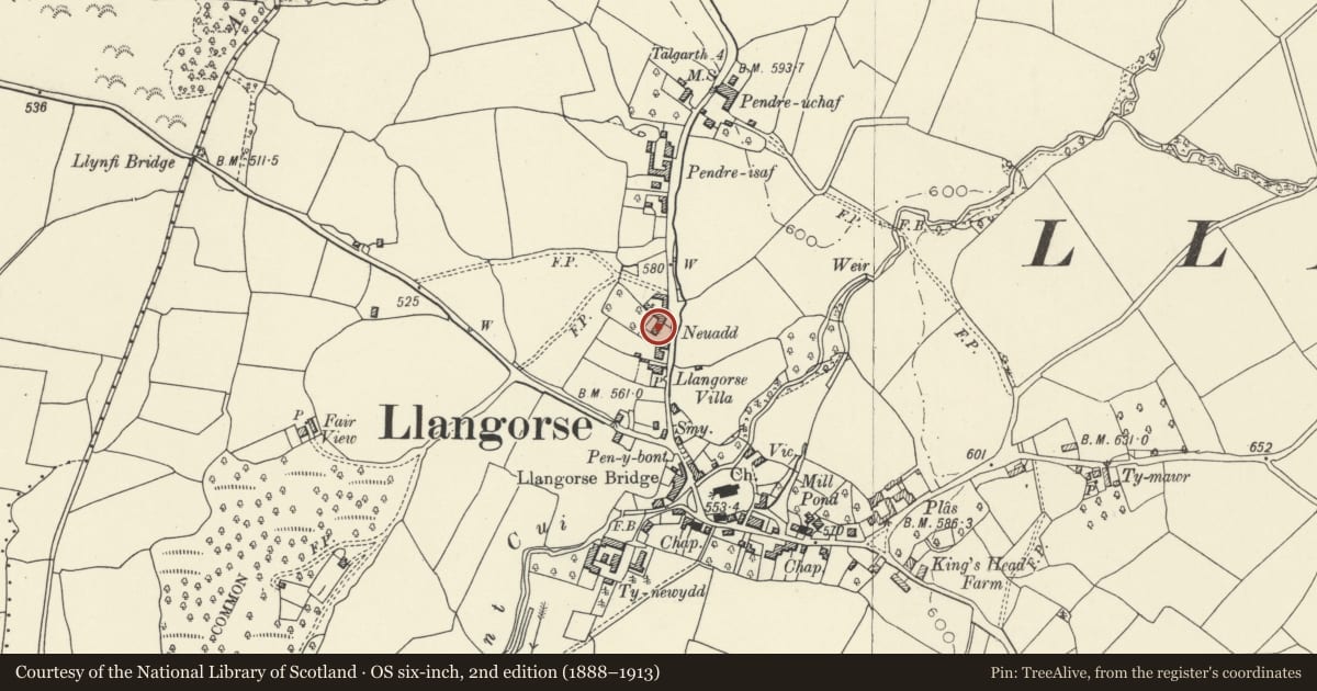 Ordnance Survey six-inch map, 2nd edition (1888–1913) covering the location of Neuadd, Llangors, Powys, with a pin at the register's coordinates