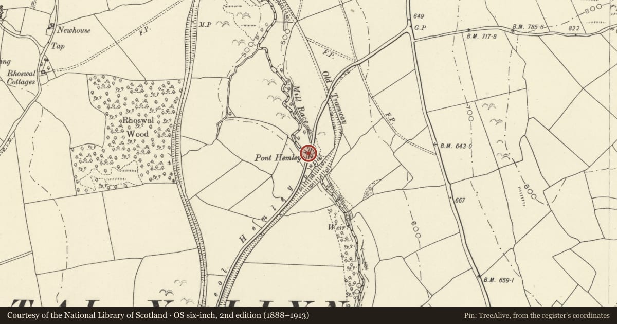 Ordnance Survey six-inch map, 2nd edition (1888–1913) covering the location of Pont Hemley, Llangors, Powys, with a pin at the register's coordinates