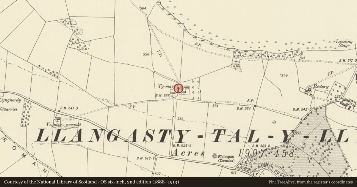Ordnance Survey six-inch map, 2nd edition (1888–1913) covering the location of Cart shed and Stable range at Ty Mawr, Llangors, Powys, with a pin at the register's coordinates