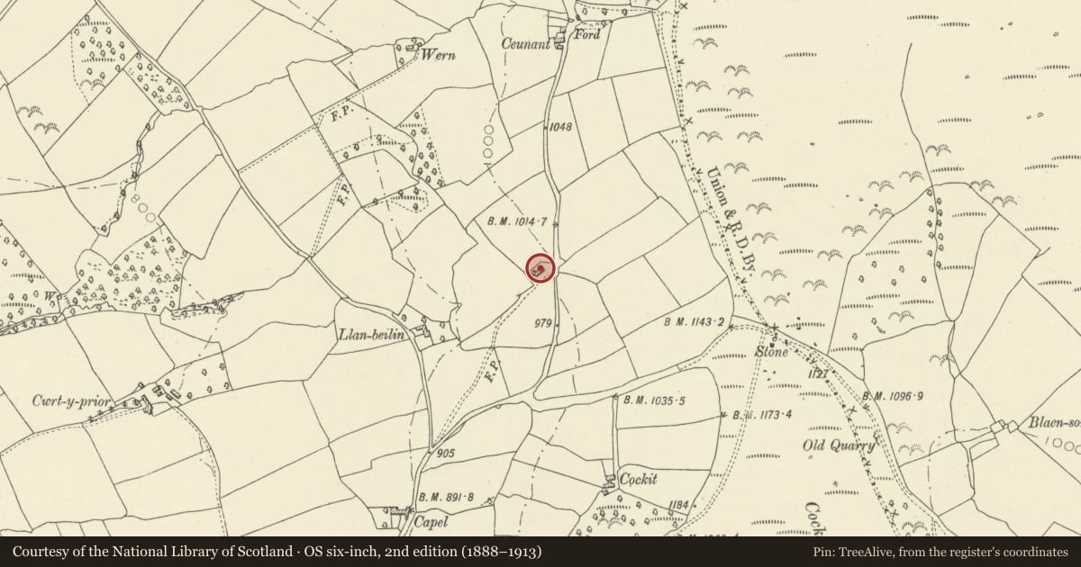 Ordnance Survey six-inch map, 2nd edition (1888–1913) covering the location of Field barn near Cockit Hill, Llangors, Powys, with a pin at the register's coordinates