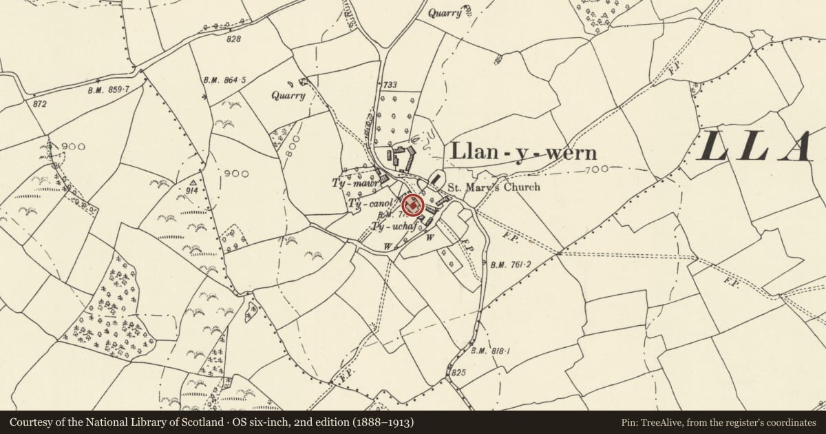 Ordnance Survey six-inch map, 2nd edition (1888–1913) covering the location of Ty Canol farmhouse, Llangors, Powys, with a pin at the register's coordinates
