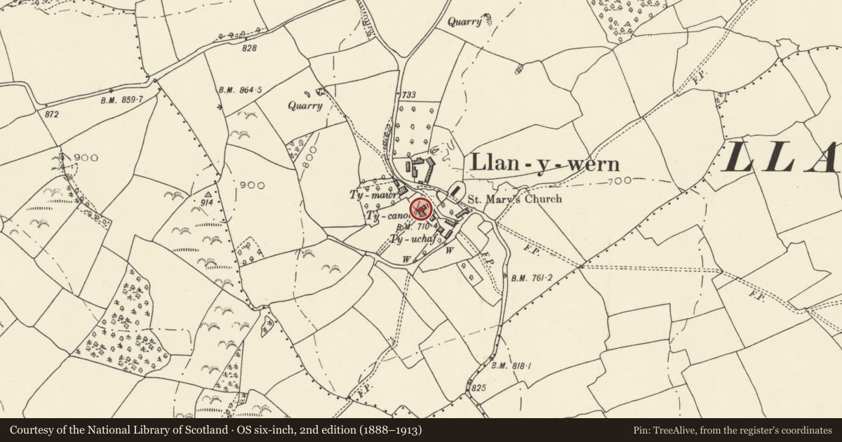 Ordnance Survey six-inch map, 2nd edition (1888–1913) covering the location of Barn range at Ty Canol, Llangors, Powys, with a pin at the register's coordinates