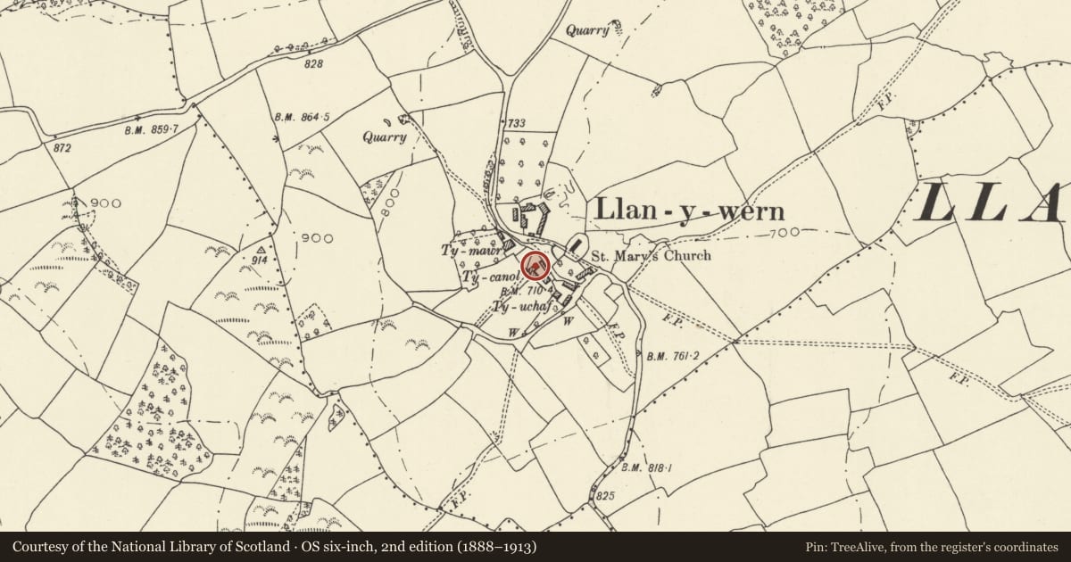 Ordnance Survey six-inch map, 2nd edition (1888–1913) covering the location of Granary range at Ty Canol, Llangors, Powys, with a pin at the register's coordinates