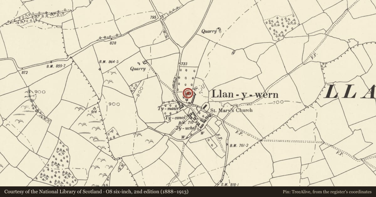 Ordnance Survey six-inch map, 2nd edition (1888–1913) covering the location of Cart shed range at Ty Mawr, Llangors, Powys, with a pin at the register's coordinates