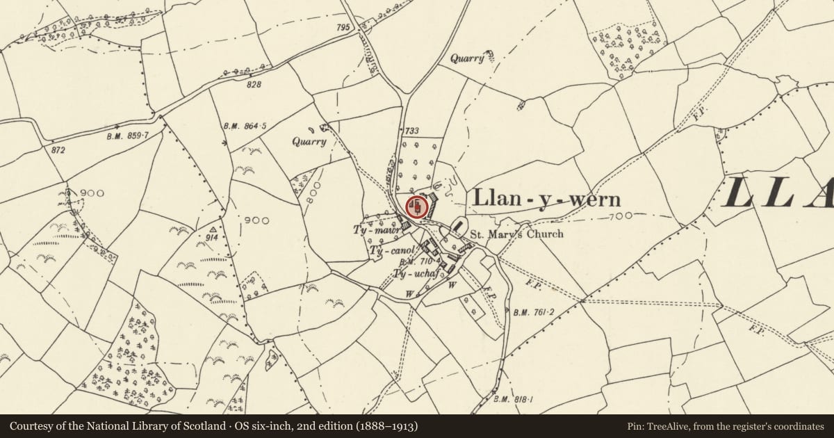 Ordnance Survey six-inch map, 2nd edition (1888–1913) covering the location of Barn at Ty Mawr, Llangors, Powys, with a pin at the register's coordinates