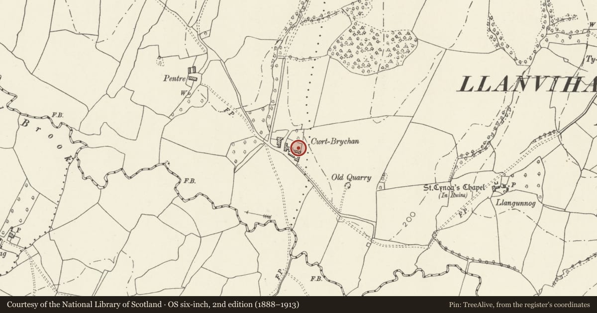 Ordnance Survey six-inch map, 2nd edition (1888–1913) covering the location of Barn with stable and granary at Cwrt-y-Brychan, Llantrisant Fawr, Monmouthshire, with a pin at the register's coordinates