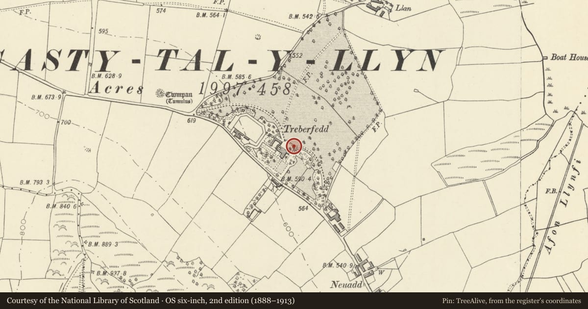 Ordnance Survey six-inch map, 2nd edition (1888–1913) covering the location of Entrance gateway and wall at Treberfydd, Llangors, Powys, with a pin at the register's coordinates