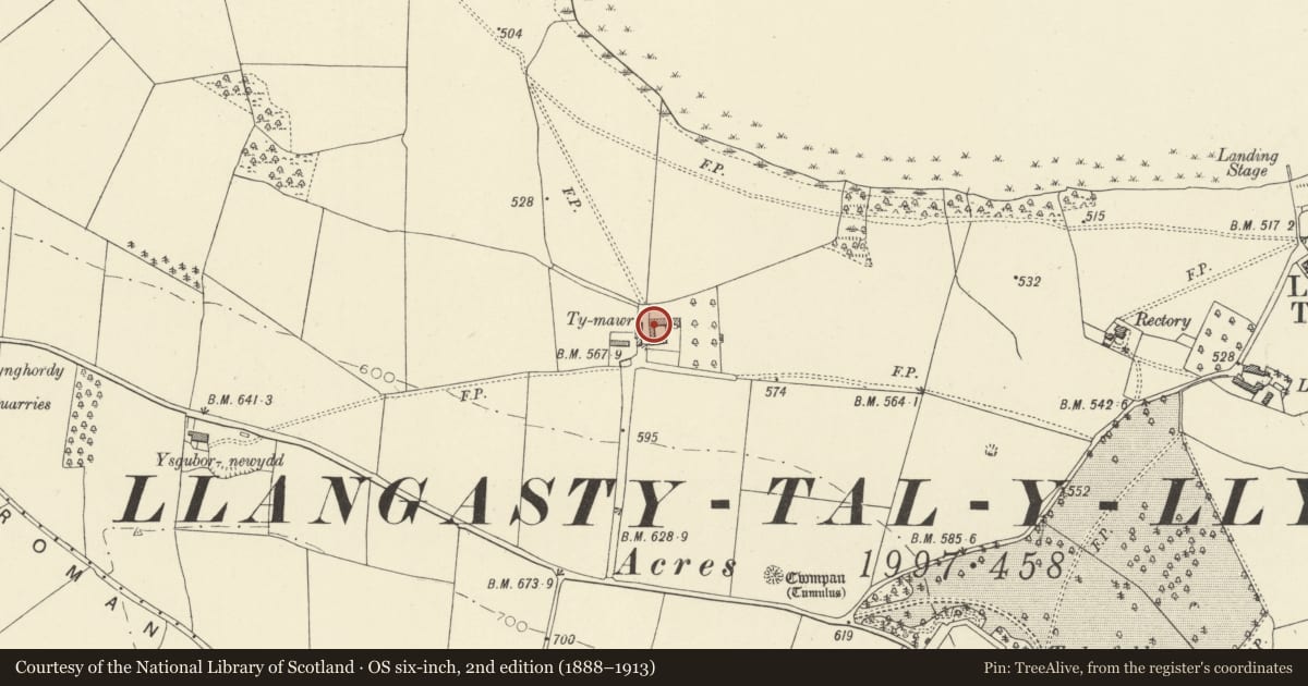 Ordnance Survey six-inch map, 2nd edition (1888–1913) covering the location of Barn at Ty Mawr, Llangors, Powys, with a pin at the register's coordinates