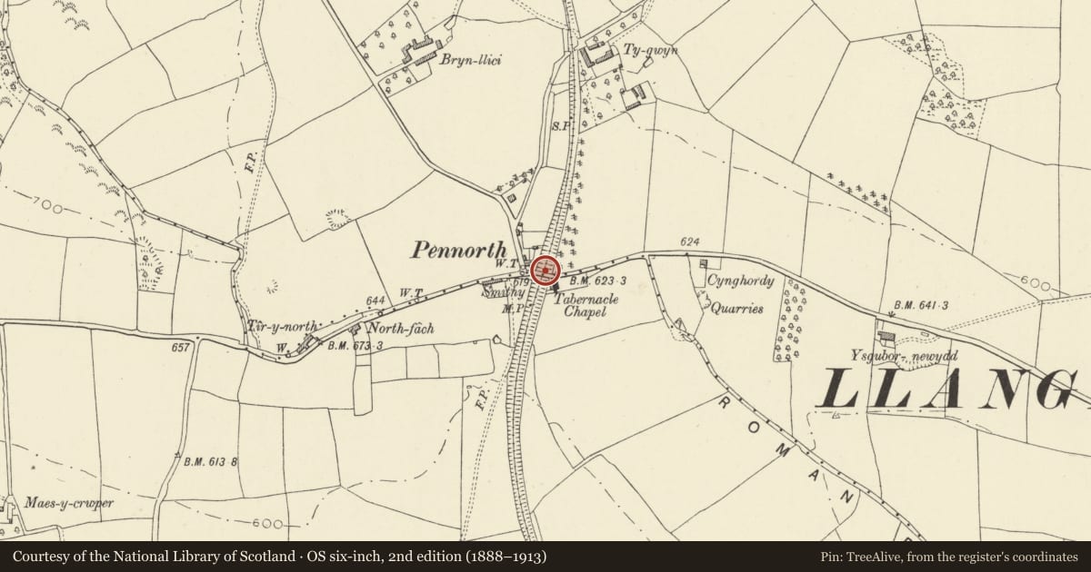 Ordnance Survey six-inch map, 2nd edition (1888–1913) covering the location of Pennorth railway bridge, Llangors, Powys, with a pin at the register's coordinates