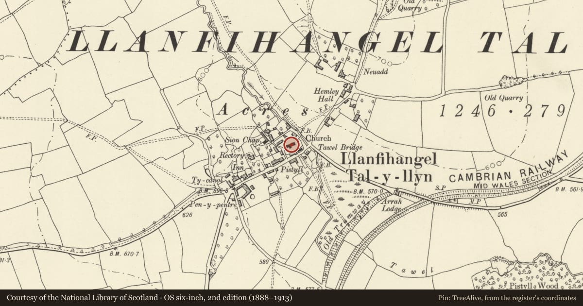 Ordnance Survey six-inch map, 2nd edition (1888–1913) covering the location of Group of two table tombs in the churchyard to S of church of St Michael and All Angels, Llangors, Powys, with a pin at the register's coordinates