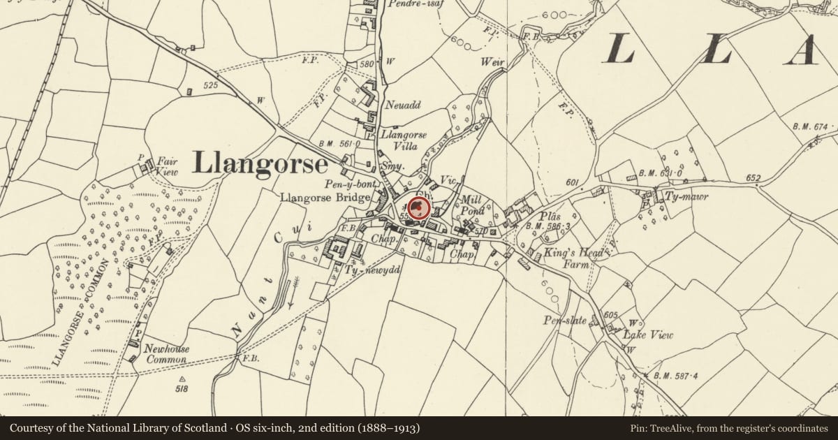 Ordnance Survey six-inch map, 2nd edition (1888–1913) covering the location of Lewis monument in churchyard to SE of the church of St Paulinus, Llangors, Powys, with a pin at the register's coordinates