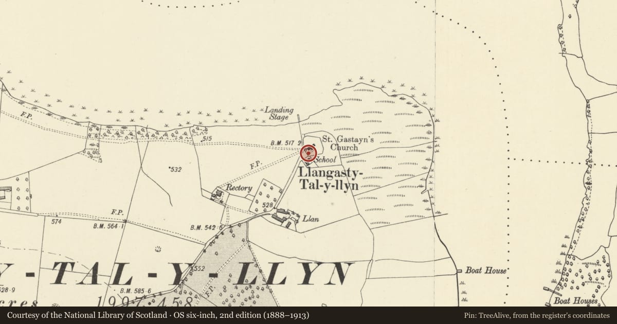Ordnance Survey six-inch map, 2nd edition (1888–1913) covering the location of Lychgate in churchyard of St Gastyn, Llangors, Powys, with a pin at the register's coordinates