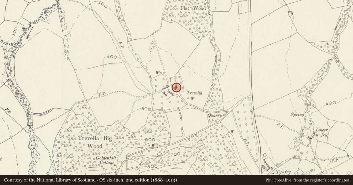 Ordnance Survey six-inch map, 2nd edition (1888–1913) covering the location of Trevella, Llantrisant Fawr, Monmouthshire, with a pin at the register's coordinates