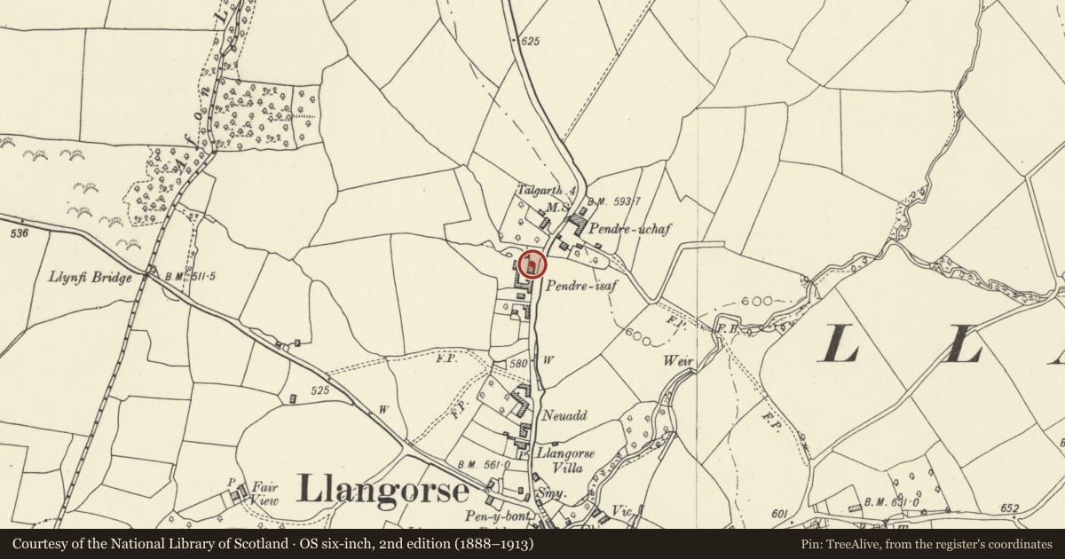 Ordnance Survey six-inch map, 2nd edition (1888–1913) covering the location of Lower Pendre, Llangors, Powys, with a pin at the register's coordinates