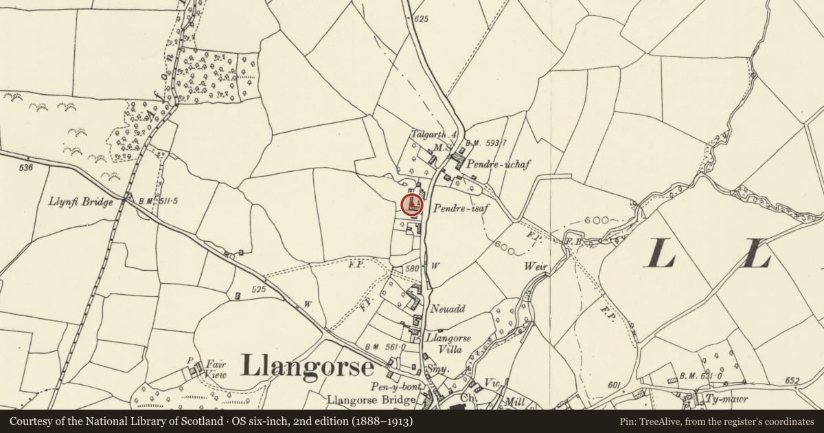 Ordnance Survey six-inch map, 2nd edition (1888–1913) covering the location of Barn and byre range at Lower Pendre, Llangors, Powys, with a pin at the register's coordinates