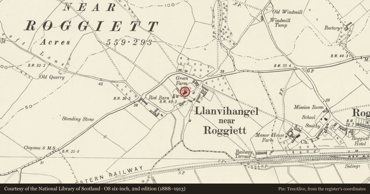 Ordnance Survey six-inch map, 2nd edition (1888–1913) covering the location of Church of St Michael and All Angels, Rogiet, Monmouthshire, with a pin at the register's coordinates