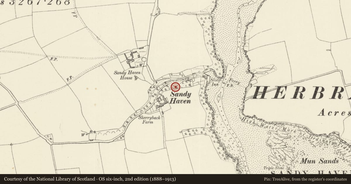 Ordnance Survey six-inch map, 2nd edition (1888–1913) covering the location of Lime Burner's Hut at Sandy Haven, St. Ishmael's, Pembrokeshire, with a pin at the register's coordinates