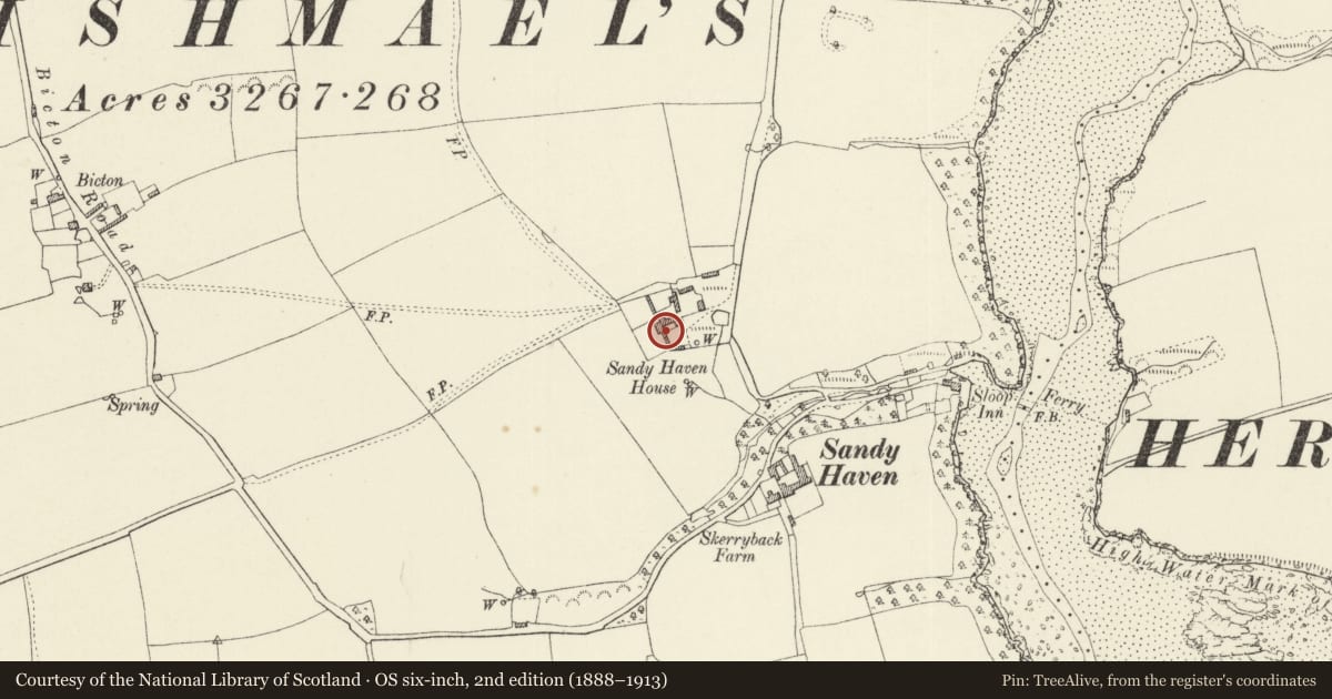 Ordnance Survey six-inch map, 2nd edition (1888–1913) covering the location of Sandy Haven House, St. Ishmael's, Pembrokeshire, with a pin at the register's coordinates
