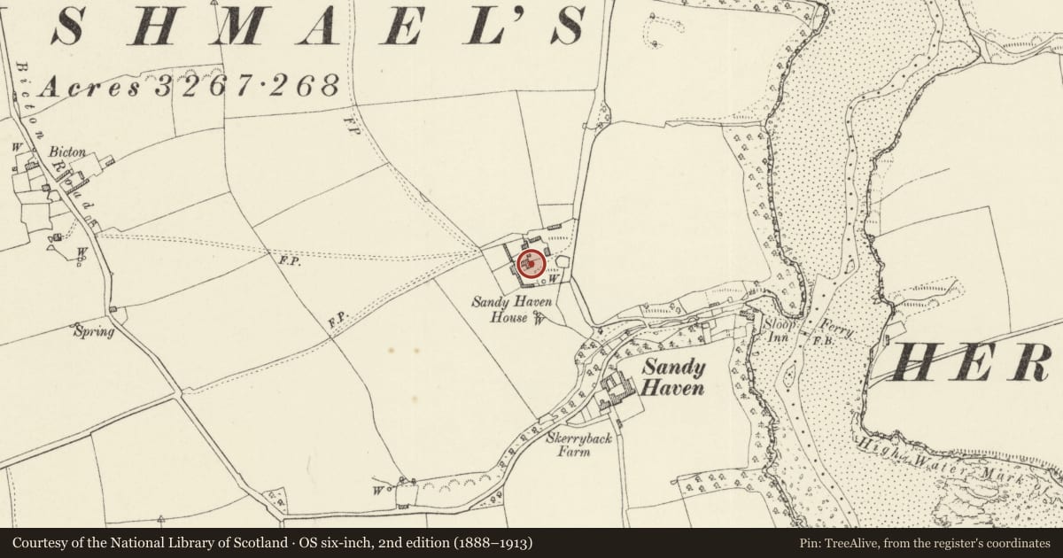 Ordnance Survey six-inch map, 2nd edition (1888–1913) covering the location of Stable at Sandy Haven House, St. Ishmael's, Pembrokeshire, with a pin at the register's coordinates