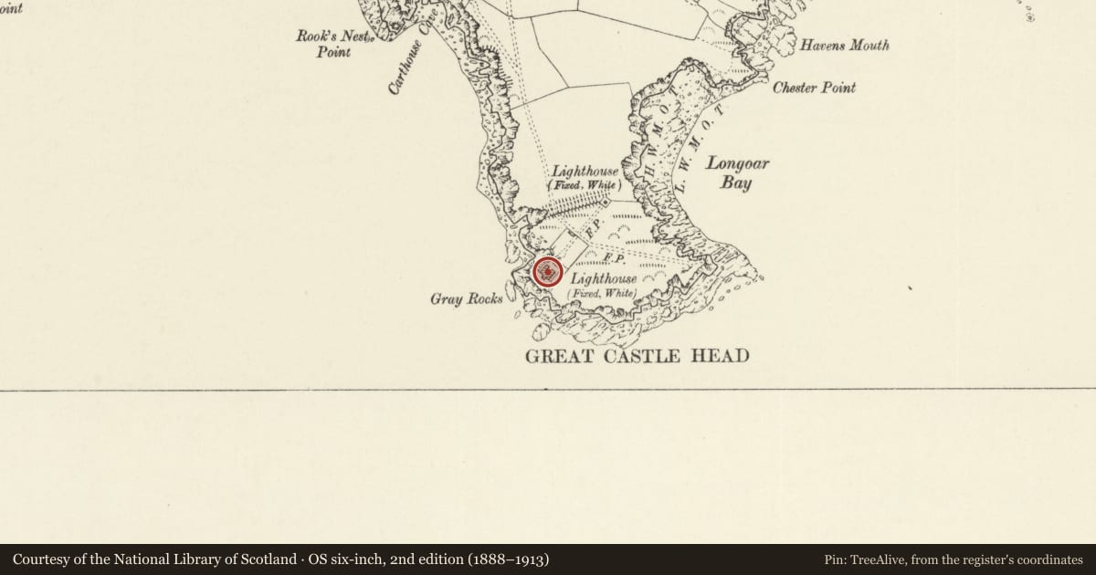 Ordnance Survey six-inch map, 2nd edition (1888–1913) covering the location of Leading light, St. Ishmael's, Pembrokeshire, with a pin at the register's coordinates
