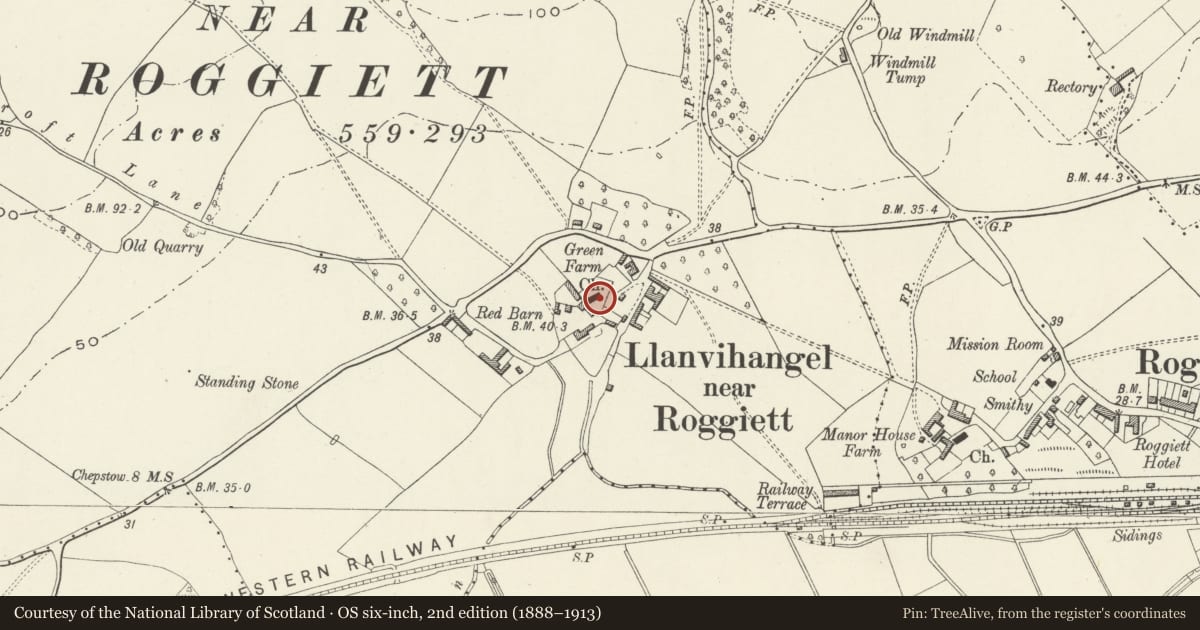 Ordnance Survey six-inch map, 2nd edition (1888–1913) covering the location of Cross Base in Churchyard to St. Michael and all Angels Church, Rogiet, Monmouthshire, with a pin at the register's coordinates