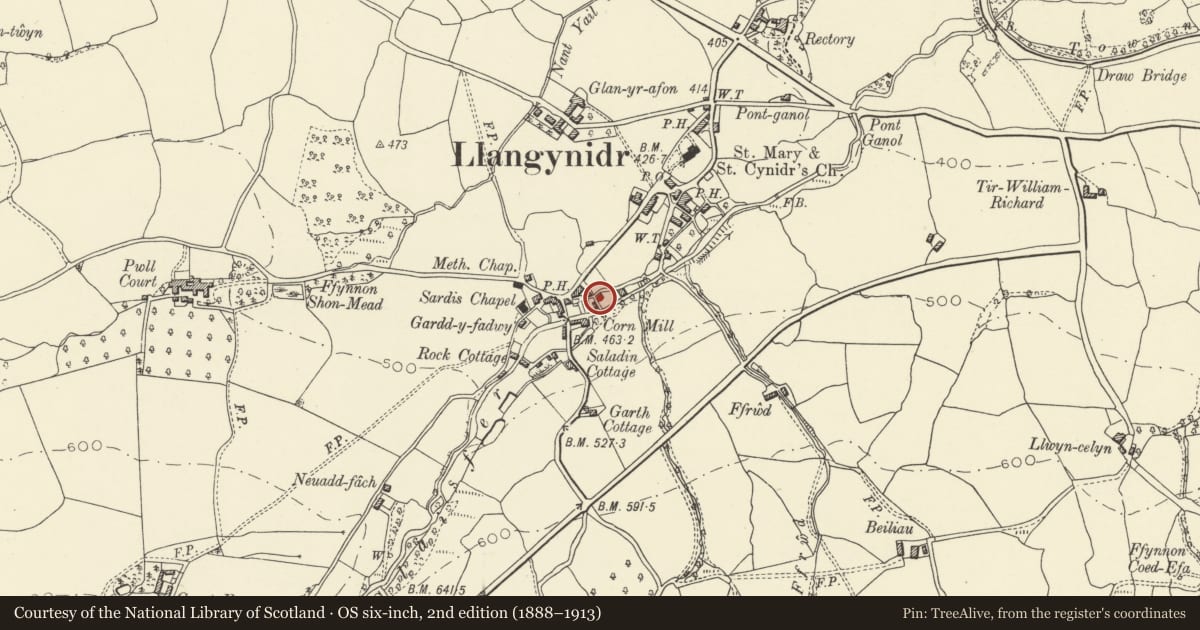 Ordnance Survey six-inch map, 2nd edition (1888–1913) covering the location of Laurel Cottage, Llangynidr, Powys, with a pin at the register's coordinates