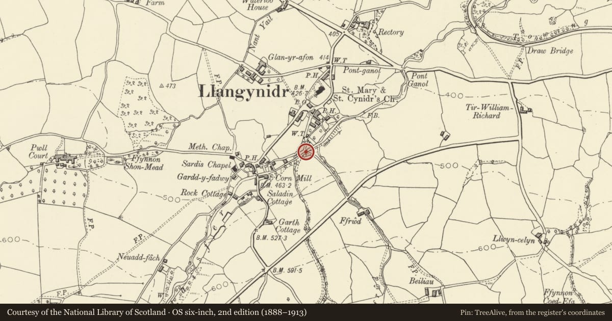 Ordnance Survey six-inch map, 2nd edition (1888–1913) covering the location of Bridge over Nant Cleisfer, Llangynidr, Powys, with a pin at the register's coordinates