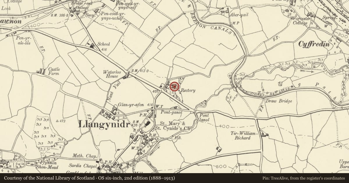 Ordnance Survey six-inch map, 2nd edition (1888–1913) covering the location of The Old Rectory, Llangynidr, Powys, with a pin at the register's coordinates