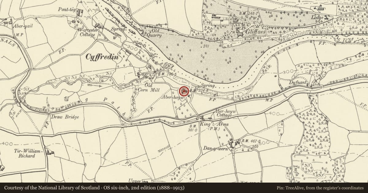 Ordnance Survey six-inch map, 2nd edition (1888–1913) covering the location of Aberhoyw, Llangynidr, Powys, with a pin at the register's coordinates