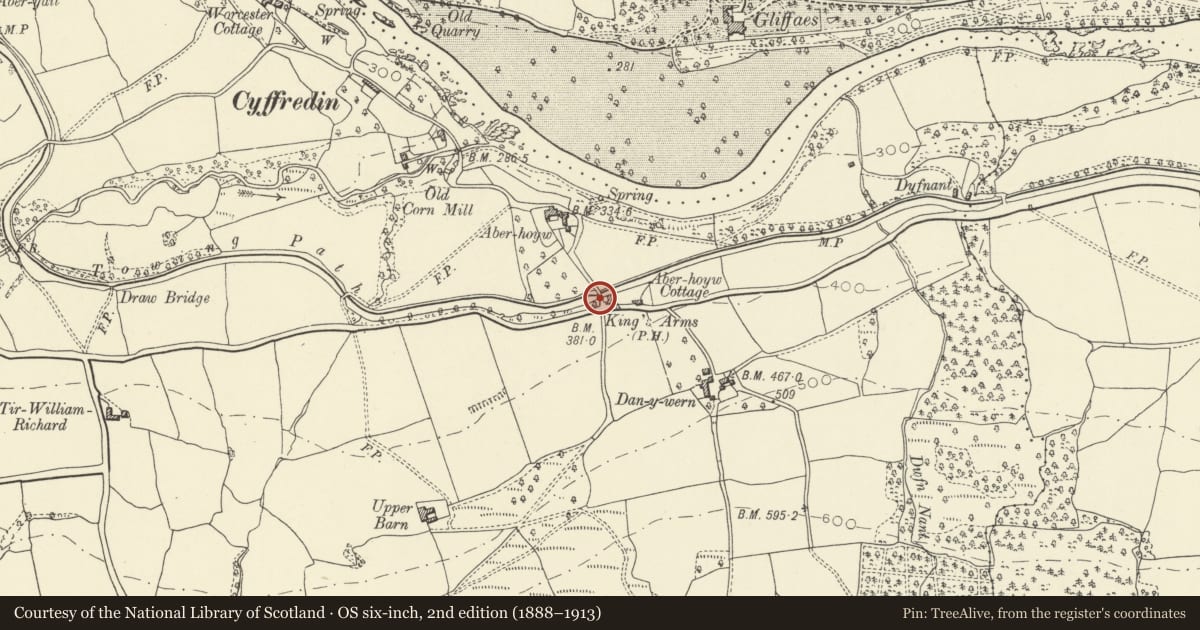 Ordnance Survey six-inch map, 2nd edition (1888–1913) covering the location of Aberhoyw Bridge (Canal Bridge No 126), Llangynidr, Powys, with a pin at the register's coordinates