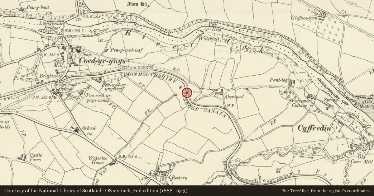 Ordnance Survey six-inch map, 2nd edition (1888–1913) covering the location of Aberyail Bridge (Canal Bridge No 130), Llangynidr, Powys, with a pin at the register's coordinates