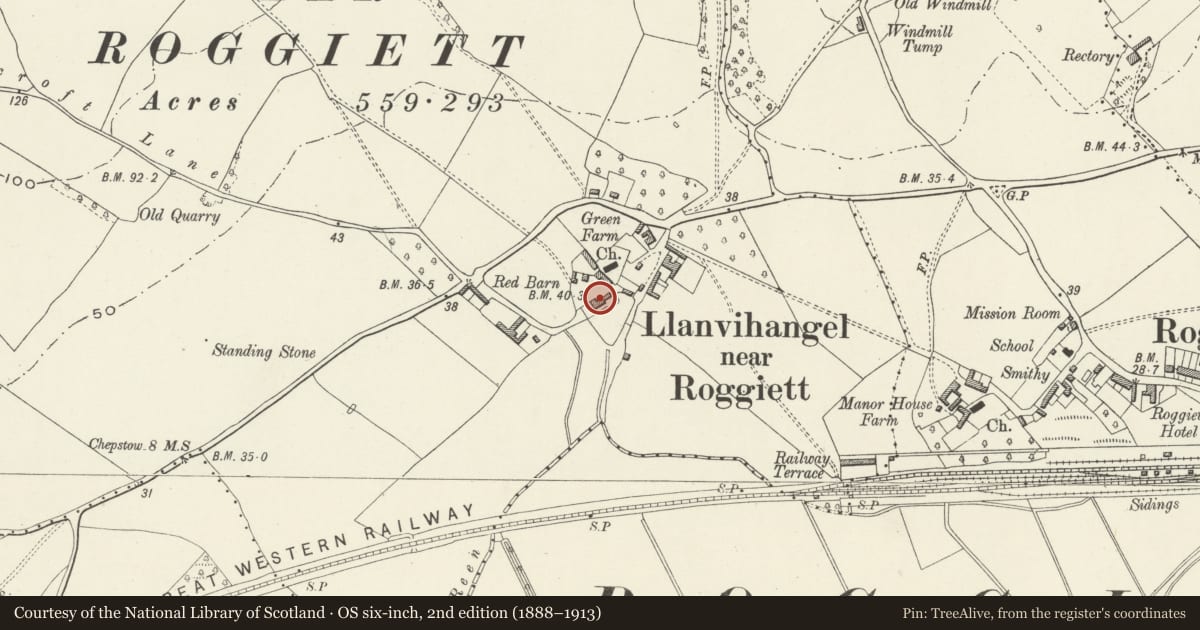 Ordnance Survey six-inch map, 2nd edition (1888–1913) covering the location of Old Court Farmhouse (including attached Cross Wing known as llamfihangel Court), Rogiet, Monmouthshire, with a pin at the register's coordinates