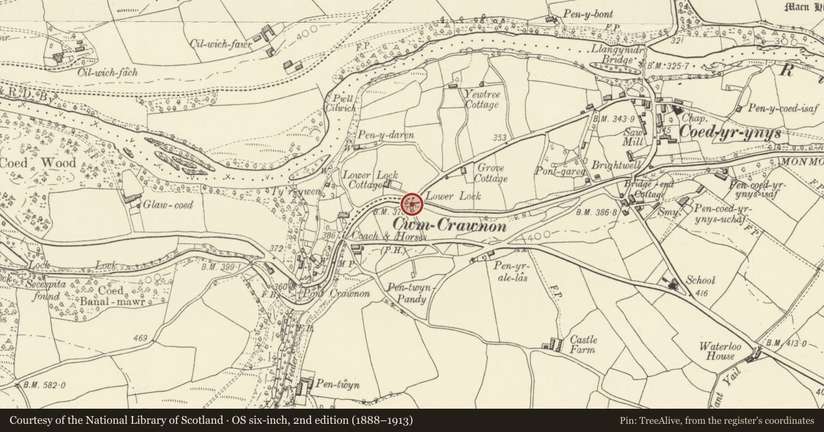 Ordnance Survey six-inch map, 2nd edition (1888–1913) covering the location of Lower Lock Bridge (Canal Bridge No 132), including Lock No 64, Llangynidr, Powys, with a pin at the register's coordinates