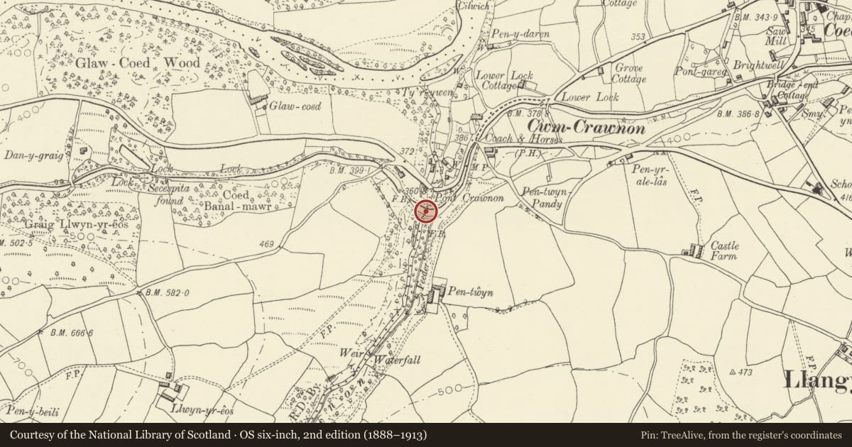 Ordnance Survey six-inch map, 2nd edition (1888–1913) covering the location of Embanked Aqueduct carrying Monmouthshire and Brecon Canal over Afon Crawnon, Llangynidr, Powys, with a pin at the register's coordinates