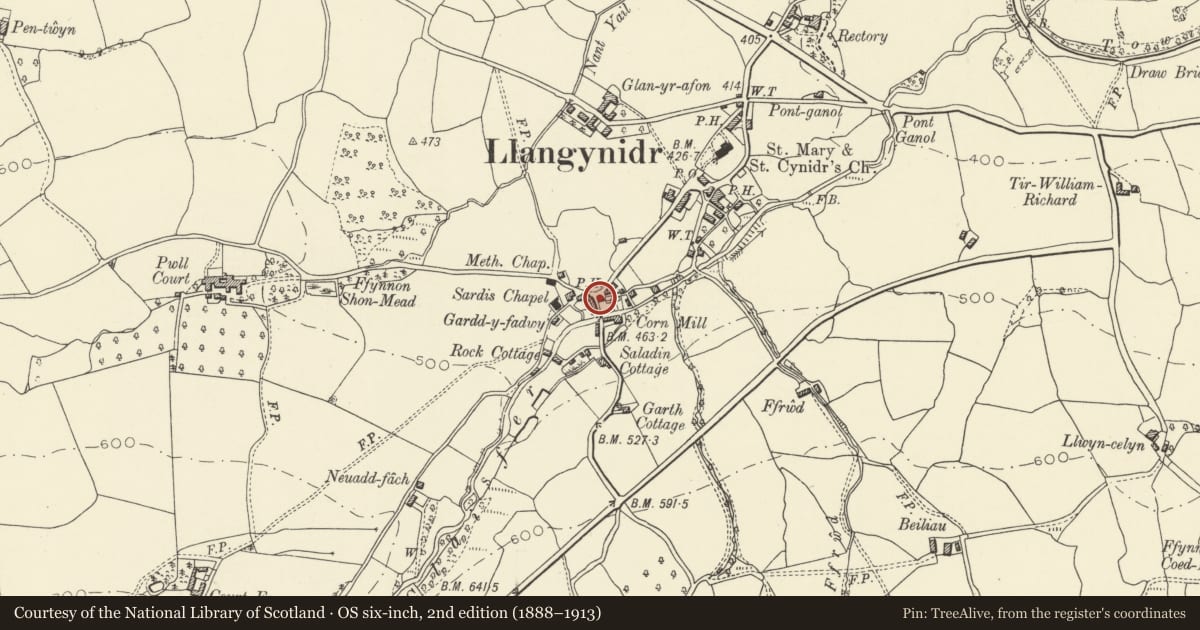Ordnance Survey six-inch map, 2nd edition (1888–1913) covering the location of Bridge End Cottage, Llangynidr, Powys, with a pin at the register's coordinates
