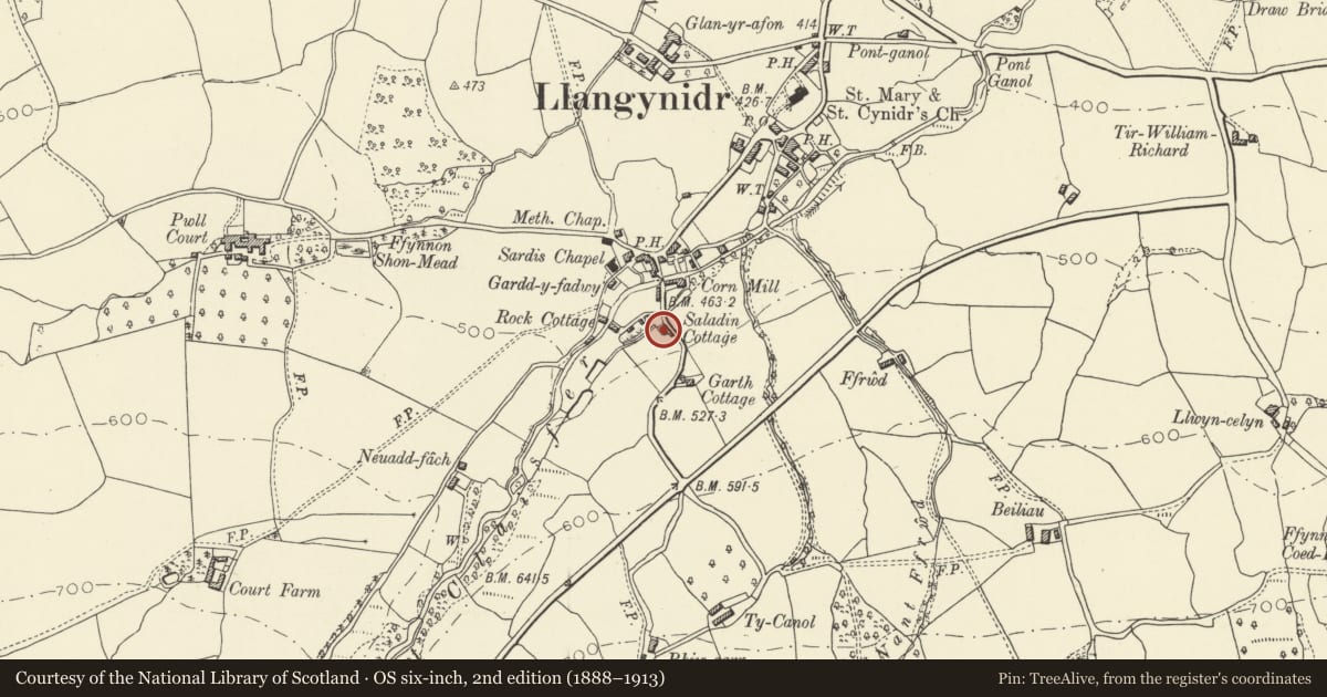 Ordnance Survey six-inch map, 2nd edition (1888–1913) covering the location of Saladin Cottage, Llangynidr, Powys, with a pin at the register's coordinates