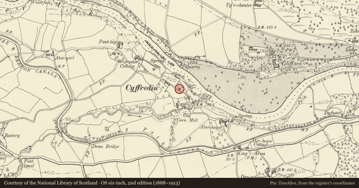 Ordnance Survey six-inch map, 2nd edition (1888–1913) covering the location of Cyffredyn Cottage, Llangynidr, Powys, with a pin at the register's coordinates