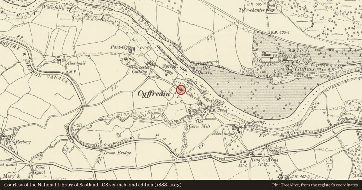 Ordnance Survey six-inch map, 2nd edition (1888–1913) covering the location of Usk Cottage, Llangynidr, Powys, with a pin at the register's coordinates