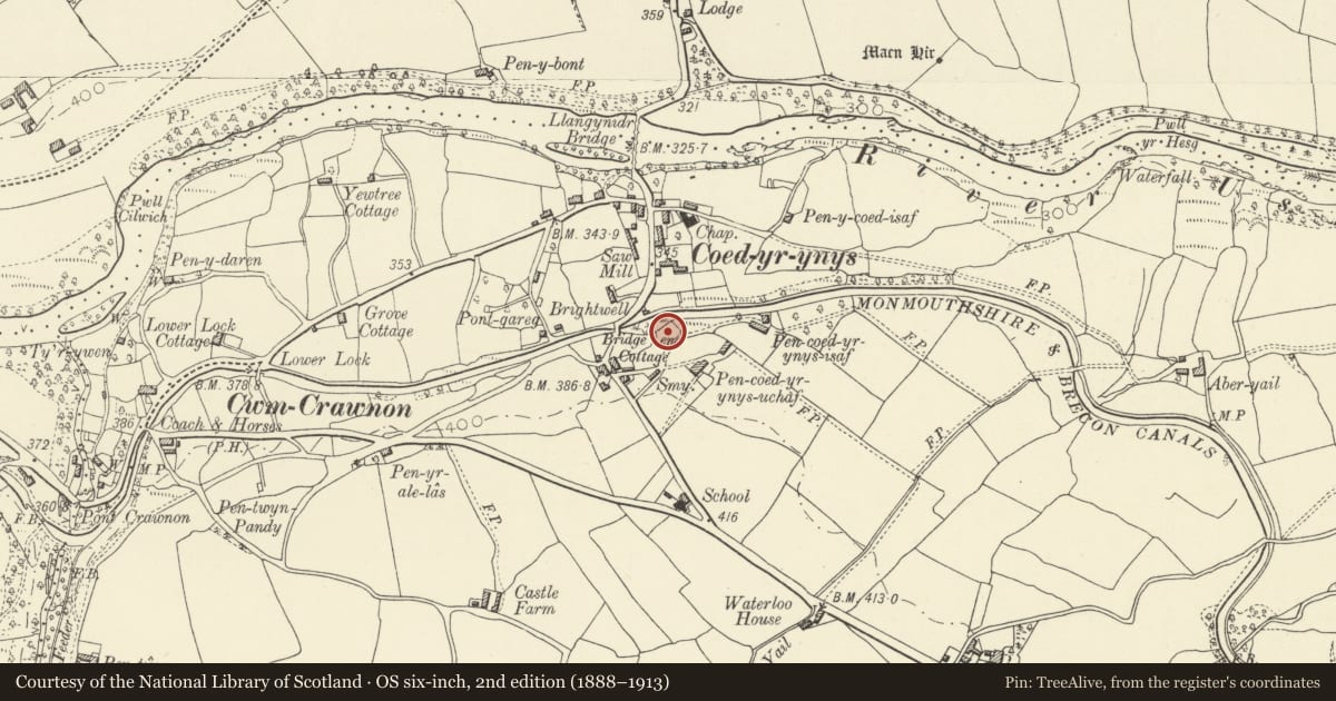 Ordnance Survey six-inch map, 2nd edition (1888–1913) covering the location of Bank of Limekilns beside Monmouthshire and Brecon Canal east of Bridge No 131, Llangynidr, Powys, with a pin at the register's coordinates