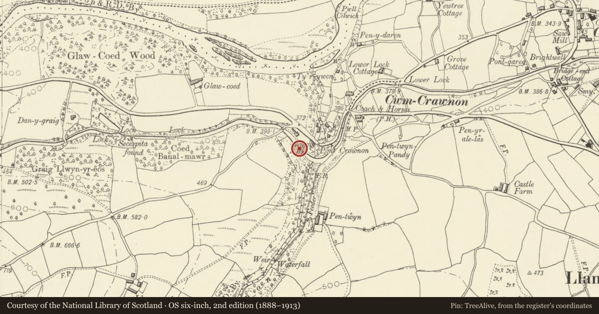 Ordnance Survey six-inch map, 2nd edition (1888–1913) covering the location of Lock No 65, Llangynidr, Powys, with a pin at the register's coordinates