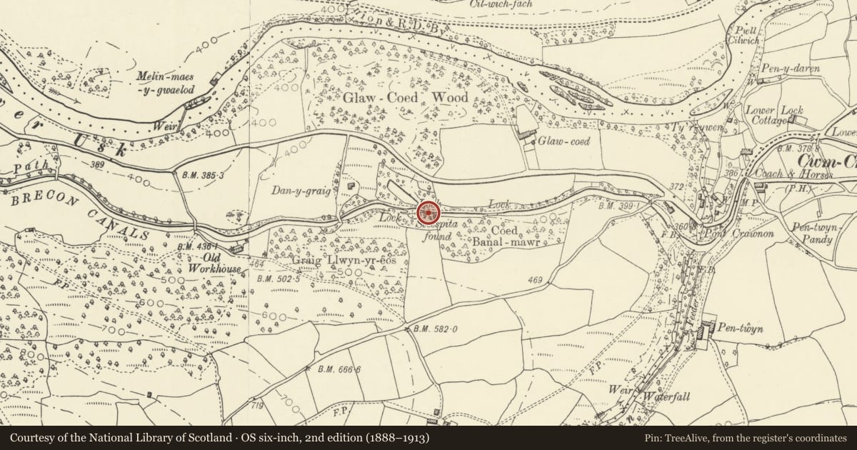 Ordnance Survey six-inch map, 2nd edition (1888–1913) covering the location of Lock No 67, Llangynidr, Powys, with a pin at the register's coordinates