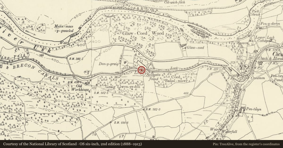 Ordnance Survey six-inch map, 2nd edition (1888–1913) covering the location of Lock No 68, Llangynidr, Powys, with a pin at the register's coordinates