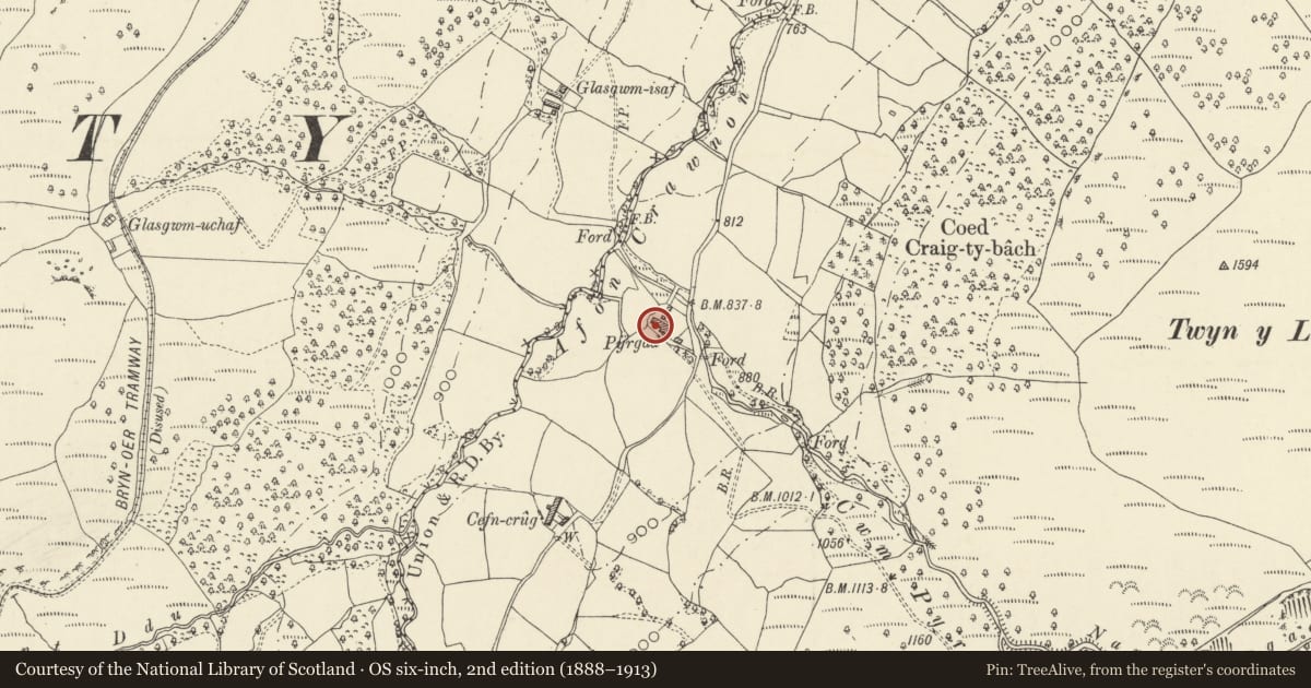 Ordnance Survey six-inch map, 2nd edition (1888–1913) covering the location of Pirgad including attached farm range, Llangynidr, Powys, with a pin at the register's coordinates