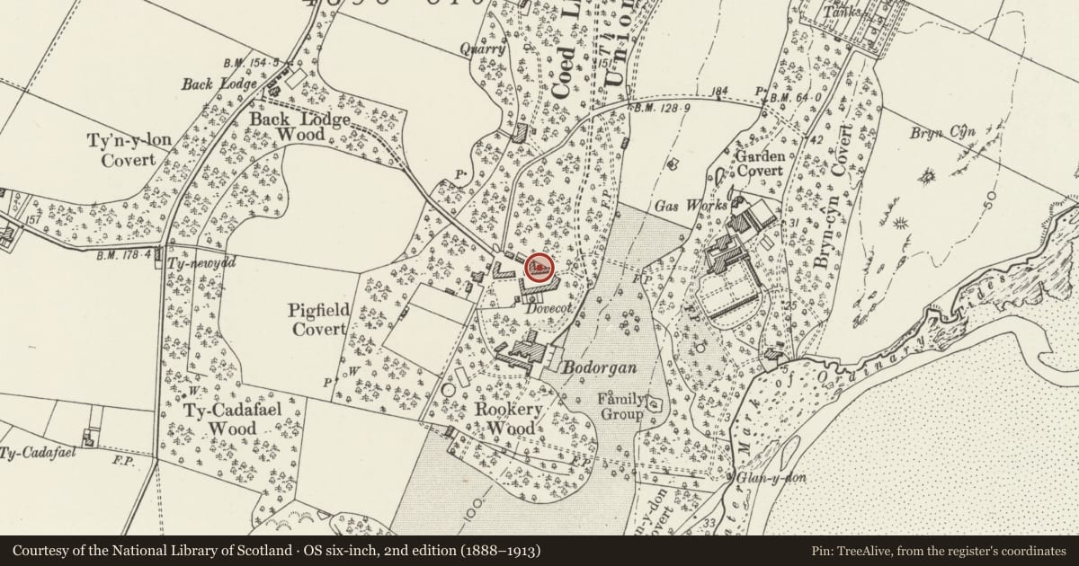Ordnance Survey six-inch map, 2nd edition (1888–1913) covering the location of Coach-house range at Bodorgan home farm, Isle of Anglesey, with a pin at the register's coordinates