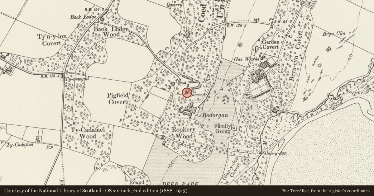 Ordnance Survey six-inch map, 2nd edition (1888–1913) covering the location of Privy block at Bodorgan home farm, Isle of Anglesey, with a pin at the register's coordinates