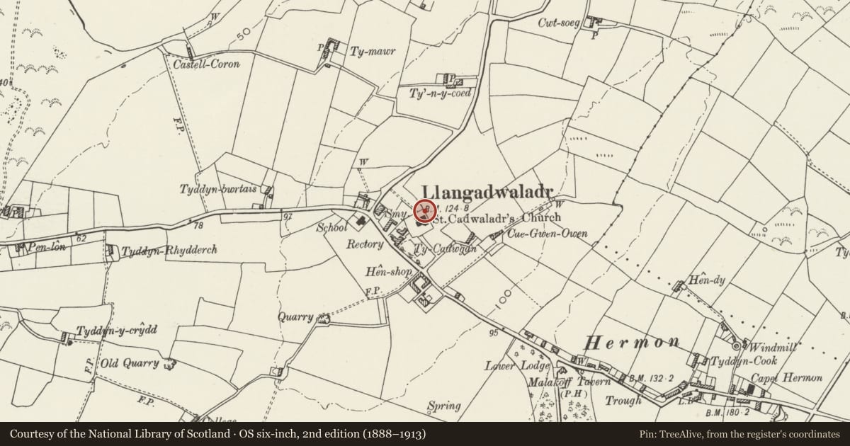 Ordnance Survey six-inch map, 2nd edition (1888–1913) covering the location of Church of St. Cadwaladr, Meyrick memorial, Bodorgan, Isle of Anglesey, with a pin at the register's coordinates