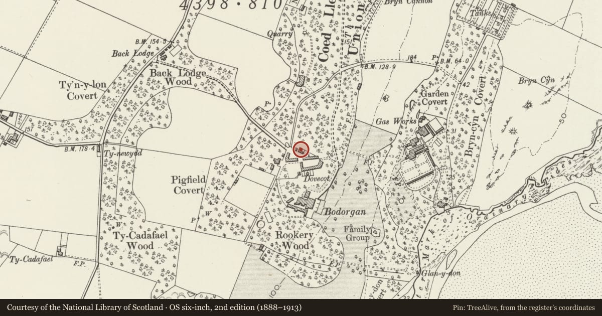 Ordnance Survey six-inch map, 2nd edition (1888–1913) covering the location of Kennels at Bodorgan home farm, Isle of Anglesey, with a pin at the register's coordinates