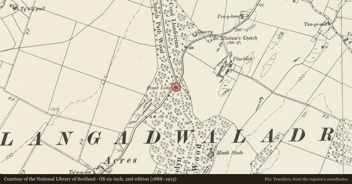 Ordnance Survey six-inch map, 2nd edition (1888–1913) covering the location of Front Lodge at Bodorgan, Isle of Anglesey, with a pin at the register's coordinates