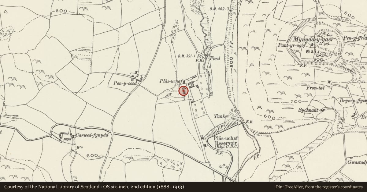 Ordnance Survey six-inch map, 2nd edition (1888–1913) covering the location of L-shaped Agricultural Range at Plas Uchaf, Llannefydd, Conwy, with a pin at the register's coordinates
